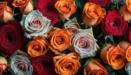  a close up of a bunch of flowers with red, orange, and white flowers in the middle of the picture and the top half of the flowers in the middle of the frame.