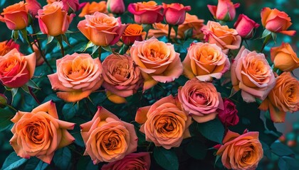  a bunch of orange and pink roses with green leaves in a vase on a table in front of a wall of other orange and pink roses with green leaves in the background.