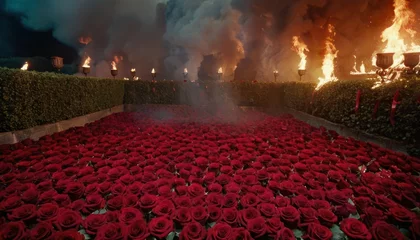  a large group of red roses sitting in front of a bunch of black smoke coming out of the back of a fire hydrant that is blazing in the air. © Jevjenijs