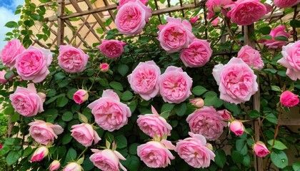  a bunch of pink roses that are growing on a trellis in a flower bed in front of a trellis with green leaves and a blue sky in the background.