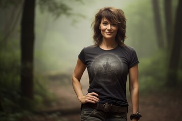 Fototapeta premium Portrait of a blissful woman in her 40s sporting a vintage band t-shirt against a backdrop of a mystical forest. AI Generation