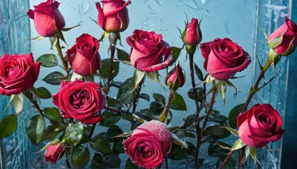  a bouquet of red roses sitting inside of a vase on top of a blue tablecloth with water droplets on the surface of the vase and water droplets on the glass surface.
