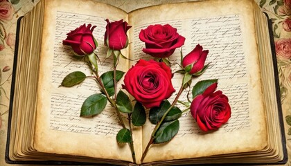  a bouquet of red roses sitting on top of an open book with writing on the pages and on top of it is a bouquet of red roses with green leaves.