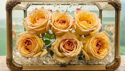  a group of yellow roses sitting inside of a glass vase on top of a wooden table next to a glass vase with flowers inside of some sort of glass on top of a table.