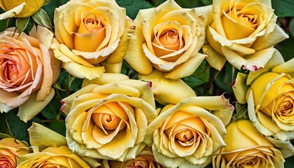  a bunch of yellow and pink roses with green leaves in the middle of the petals and leaves in the middle of the petals, in the middle of the middle of the middle of the petals.