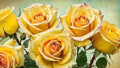 a bunch of yellow roses sitting on top of a green and yellow table cloth with water droplets on them and green leaves on the top of the stems and bottom of the flowers.