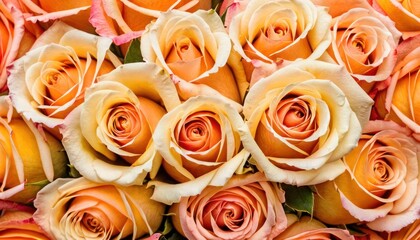  a close up view of a bunch of orange and pink roses with water droplets on the petals and the petals still attached to the petals of the flowers, as well as well as a background.