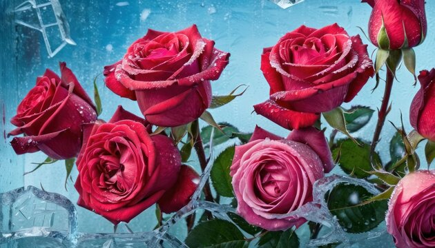  a bouquet of red roses sitting on top of an ice block with water droplets on the top and bottom of the roses in the middle of the picture, on a blue background.