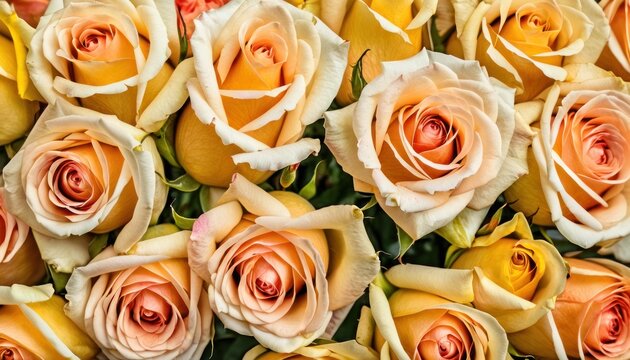  a bunch of yellow and pink roses are arranged in a close up view of the center of the picture, with the center of the flowers in the middle of the middle of the frame.