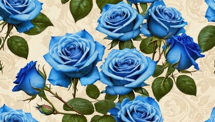  a group of blue roses with green leaves on a beige and beige background with a pattern of swirls and swirls on the edges of the roses, and leaves,.