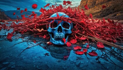 a skull sitting on top of a body of water next to a bunch of red leaves and a bunch of red flowers on top of the body of water with a mountain in the background.