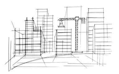 Line drawing of an architectural building. , Graphic assembly in architecture and interior design work. ,Sketch ideas for interior or exterior designs.