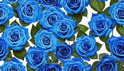  a bunch of blue roses with green leaves on a white background with a green stem in the middle of the picture and a blue rose in the middle of the middle of the picture.