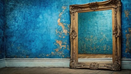  a room with a blue wall and a gold framed mirror on the floor in front of a blue wall that has peeling paint on the walls and a wooden floor.