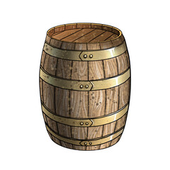 An old wooden barrel with hoops. A barrel for honey, wine or beer. The drawing is isolated on a white background.