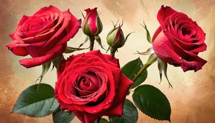  a bouquet of red roses sitting on top of a table next to a vase with water droplets on it and a brown wall behind the roses is in the foreground.