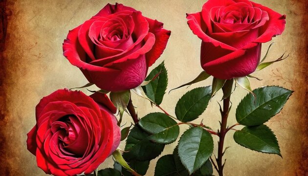  three red roses are in a vase with green leaves on a brown and beige background, with a sepia - toned effect to the bottom half of the image.