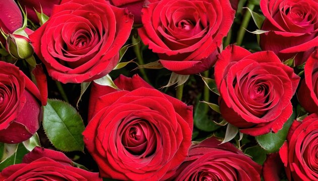  a close up of a bunch of red roses with a green leafy stalk in the middle of the picture and the center of the flowers in the middle of the picture.