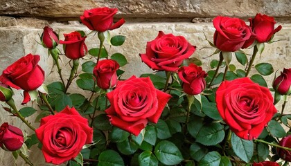  a vase filled with red roses sitting on top of a table next to a stone wall and a stone wall behind the vase is a bunch of red roses with green leaves.