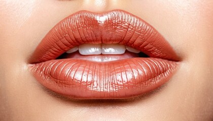  a close up shot of a woman's lips with a bright orange lipstick shade on top of her lip and bottom of her lip, and bottom half of the lip.
