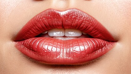  a close up shot of a woman's lips with bright red lipstick on the bottom of her lip and bottom of her lip, and bottom half of her face.
