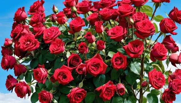  a large bouquet of red roses with green leaves on a sunny day with a blue sky and white clouds in the background of the image is a large bouquet of red roses in the foreground.