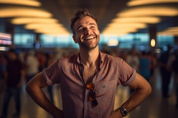 Fototapeta premium Portrait of a joyful man in his 30s donning a trendy cropped top against a bustling airport terminal. AI Generation