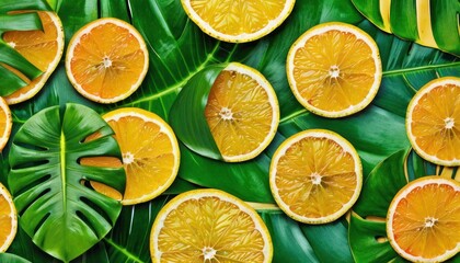  a group of sliced oranges sitting on top of a lush green leaf covered wall next to a leafy green leafy area with a banana leafy pattern.