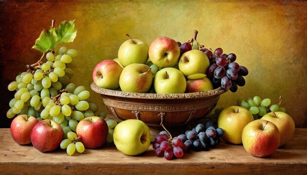  a painting of apples, grapes, and grapes in a bowl on a table next to a bunch of grapes and a bunch of grapes in a bowl on a table.