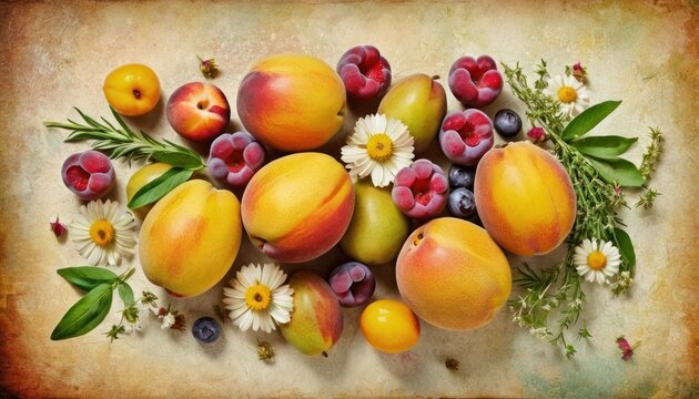  a painting of peaches, cherries, and daisies on a piece of parchment paper with green leaves and flowers on the bottom of the image is an old paper.