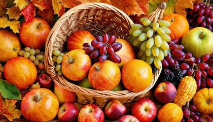  a basket filled with lots of fruit next to a pile of oranges, apples, grapes, and corn on top of a pile of leaves next to a pile of oranges.