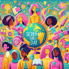 background modern art with soft colors and illustrations for International Day of Women and Girls in Science