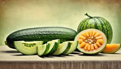  a watermelon, melon, and other fruits are arranged on a table with a piece of cloth on top of it and a piece of the melon is cut in half. - obrazy, fototapety, plakaty