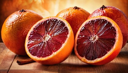  a group of grapefruits cut in half sitting on a wooden table with a cinnamon stick sticking out of the end of one of the grapefruit.