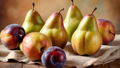  a group of pears and plums sitting on top of a piece of paper on top of a piece of paper on top of a wooden table next to a piece of cloth. - obrazy, fototapety, plakaty