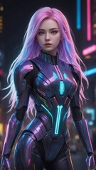 Fototapeta na wymiar Beautiful white hair Girl wearing sci fi dress with pink lights,a woman with purple hair and a futuristic sci suit on posing for picture in a dark room with lights sci ,woman wearing armor suit