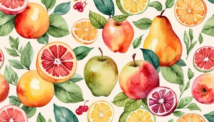  a watercolor painting of fruit and leaves on a white background with oranges, apples, pears, and pomegranates on a white background with green leaves. - obrazy, fototapety, plakaty