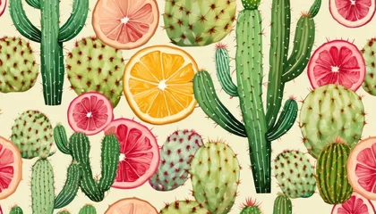 Foto op Plexiglas  a pattern of cactus, oranges, and cacti on a white background with pink, green, yellow, and orange slices of a grapefruit. © Jevjenijs