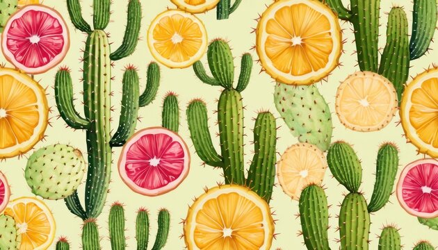  a painting of a cactus, oranges, and cacti on a light green background with pink, yellow, green, and orange slices of the same color.