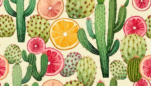  a pattern of cactus, oranges, and cacti on a white background with pink, green, yellow, and orange slices of a grapefruit.