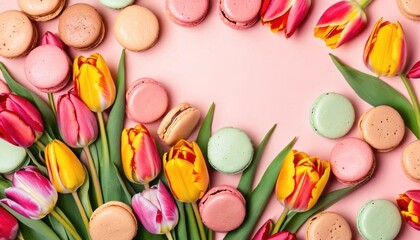 Fototapeta na wymiar macaroons, macaroons and tulips arranged in a circle on a pink background with a border of tulips and other macaroons.