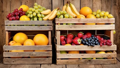  a couple of wooden crates filled with lots of different types of fruit on top of a wooden floor in front of a fenced in area with wooden planks.