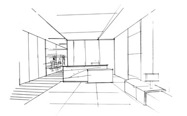Line drawing of a reception area of ​​an office , Graphic assembly in architecture and interior design work. ,Sketch ideas for interior or exterior designs.