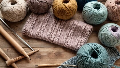  a group of balls of yarn sitting on top of a wooden floor next to a pair of crochet hooks and a ball of yarn with a crochet hook. - obrazy, fototapety, plakaty