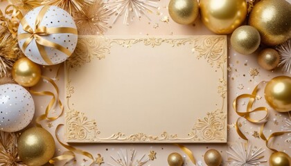 Fototapeta na wymiar a white and gold christmas card surrounded by gold and white ornaments and a white card with a gold ribbon on top of the card is surrounded by gold and white balls.