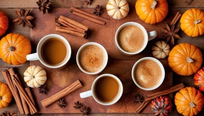  a table topped with two cups of coffee next to cinnamon sticks and pumpkins on top of a wooden cutting board next to a couple of pumpkins and cinnamon sticks.
