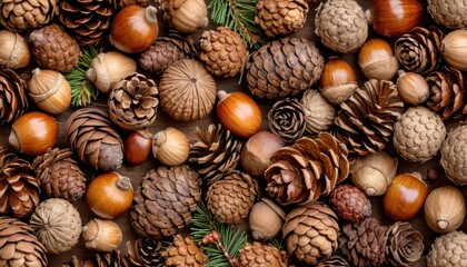  a pile of pine cones and acorns with pine needles and pine cones on the top of the pine cones are brown, brown, and are pine cones with green needles.