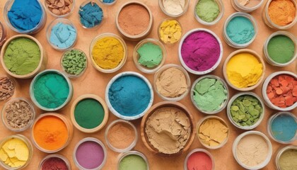 a group of bowls filled with lots of different colors of powder on top of a wooden table next to a pile of nuts and a pile of other colored powder.