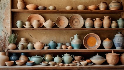  a shelf filled with lots of vases and bowls on top of a wooden shelf next to a wall covered in shelves with pots and vases on top of shelves.