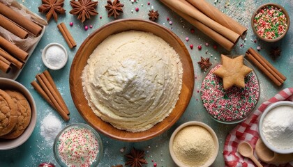  a table topped with lots of different types of doughnuts and sprinkles next to a wooden bowl filled with white frosting and red and green sprinkles.